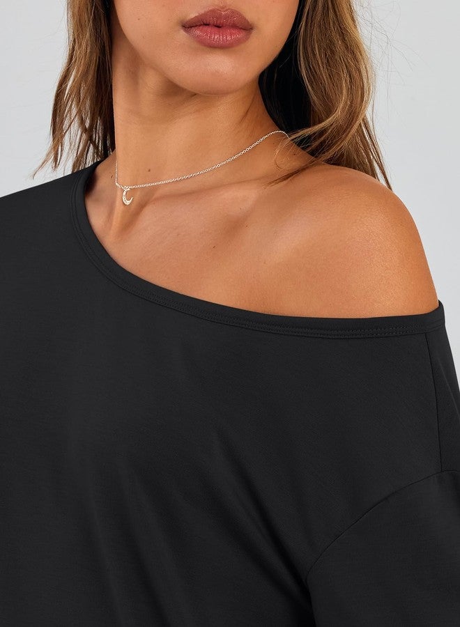 Trendy Queen تيشيرتات نسائية عصرية من تريندي كوين، تيشيرتات واسعة، تيشيرتات بأكمام طويلة مكشوفة الأكتاف، تيشيرتات بكتف واحد، أزياء خريفية 2026، تيشيرتات أساسية كاجوال، تيشيرتات غير متماثلة، ملابس أنيقة للخروج، أسود، مقاس S - Image 5